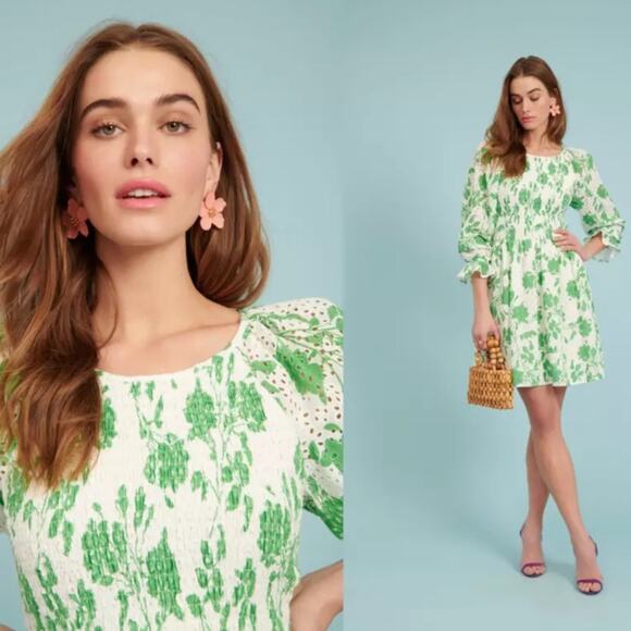 Rachel Parcell | Eyelet Smocked Green White Graden Party Dress Green White M - Picture 1 of 11